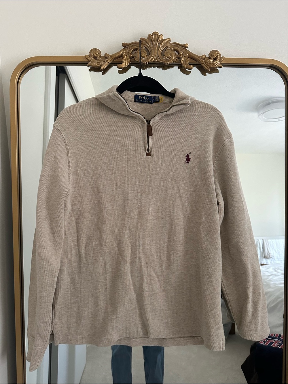 Polo by Ralph Lauren Beige Quarter-Zip Hoodie Sweater with Maroon Pony